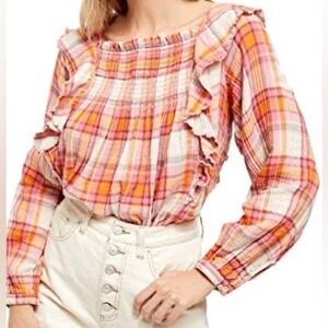 We the Free Siena Plaid Ruffle Shoulder Smocked Long Sleeve Blouse